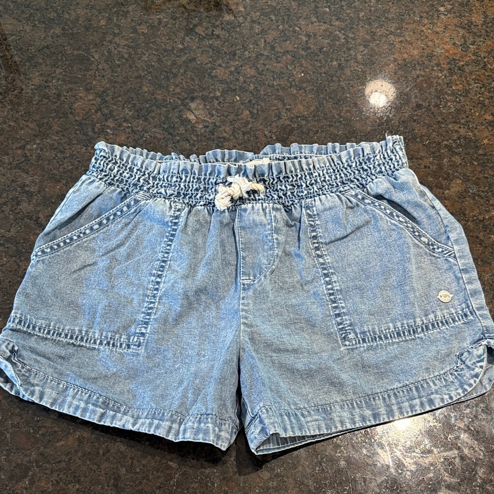 ROXY Girls L (12/14) Light Wash Distressed Denim Drawstring Shorts - Light Blue